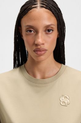 Top de algod&oacute;n mercerizado con monograma doble bordado, Beige claro