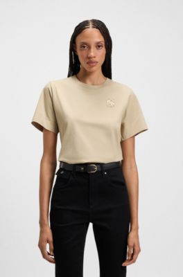 Top en coton merceris&eacute; &agrave; double monogramme brod&eacute;, Beige clair