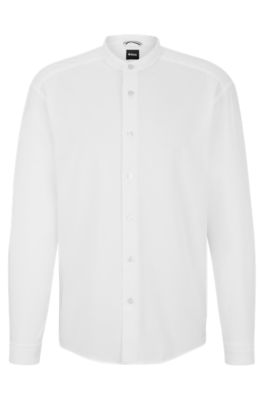 BOSS - Collarless relaxed-fit shirt in cotton-blend bouclé