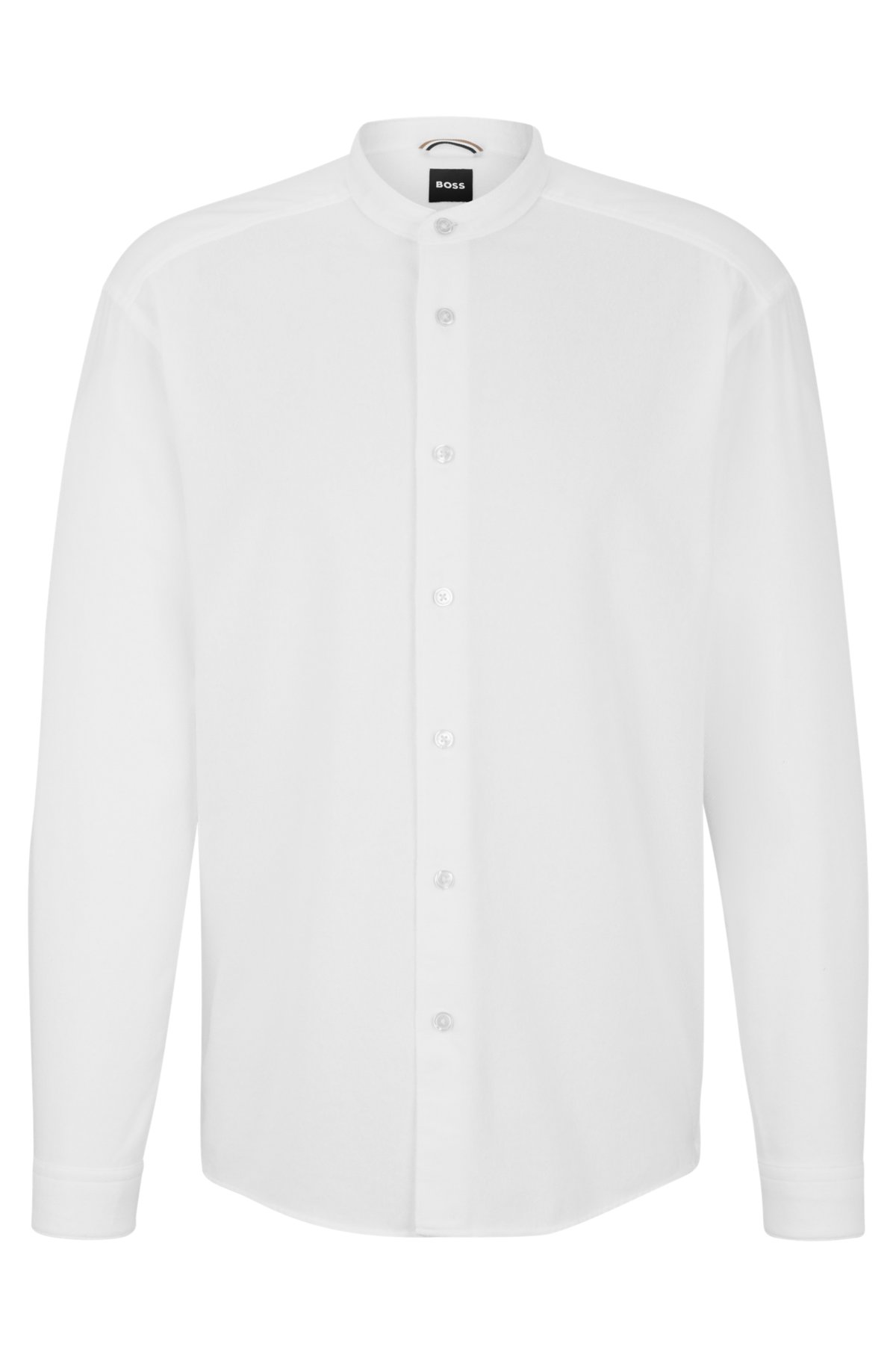 Collarless relaxed-fit shirt in cotton-blend bouclé, White
