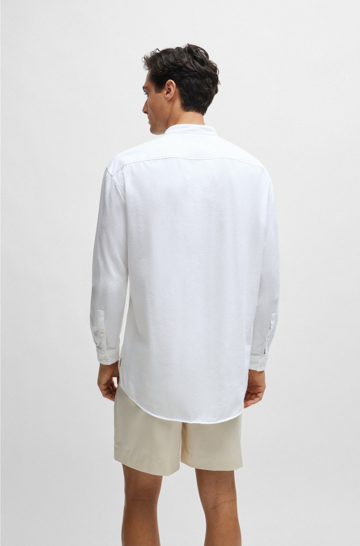 Collarless relaxed-fit shirt in cotton-blend bouclé, White