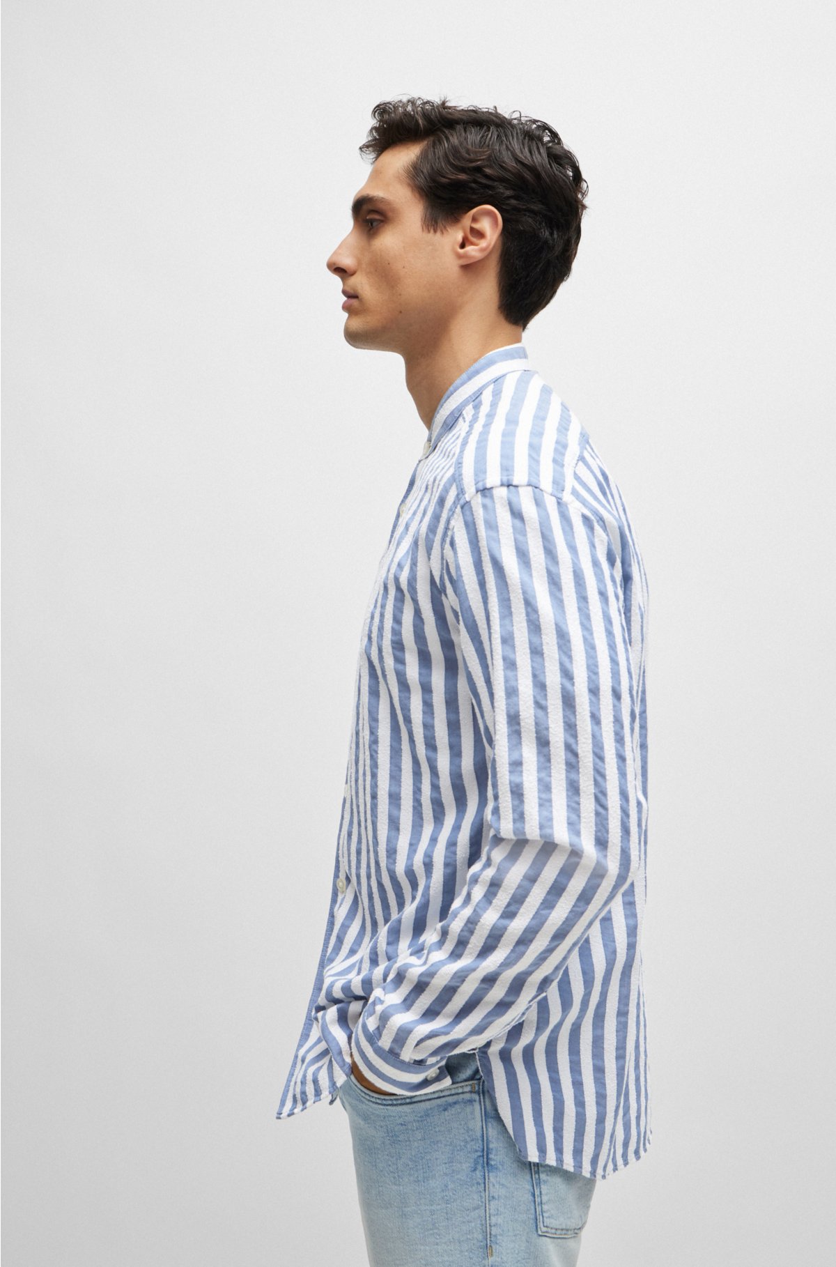 Collarless relaxed-fit shirt in striped cotton-blend bouclé, Light Blue