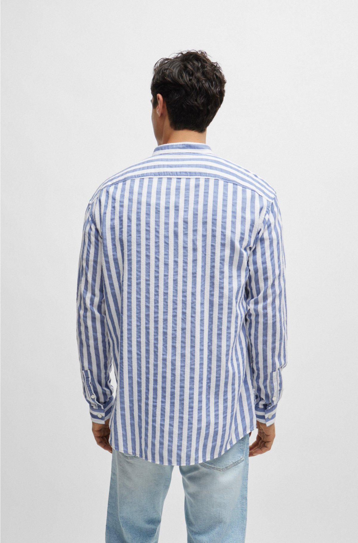 Collarless relaxed-fit shirt in striped cotton-blend bouclé, Light Blue
