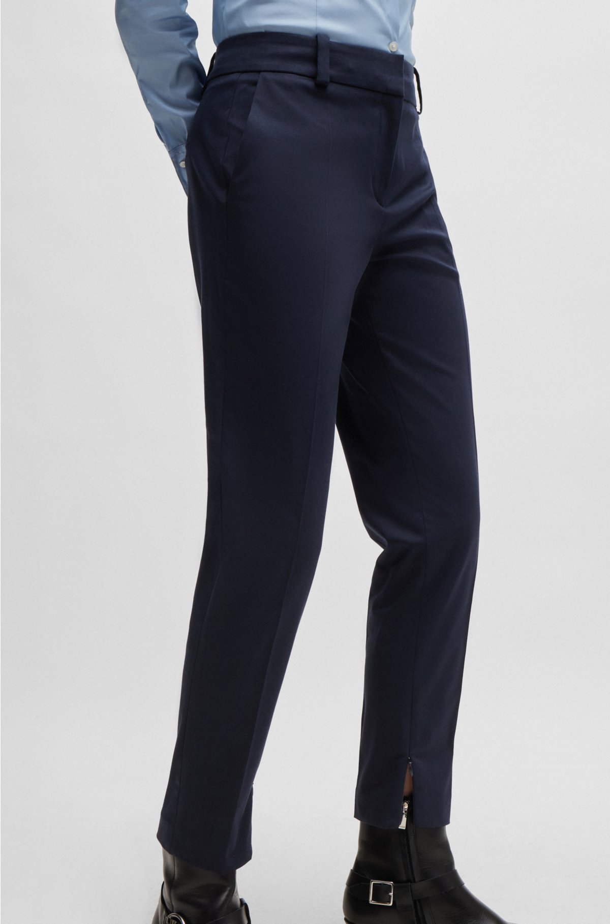 Slim-fit cropped trousers with zipped inner hems, Dark Blue