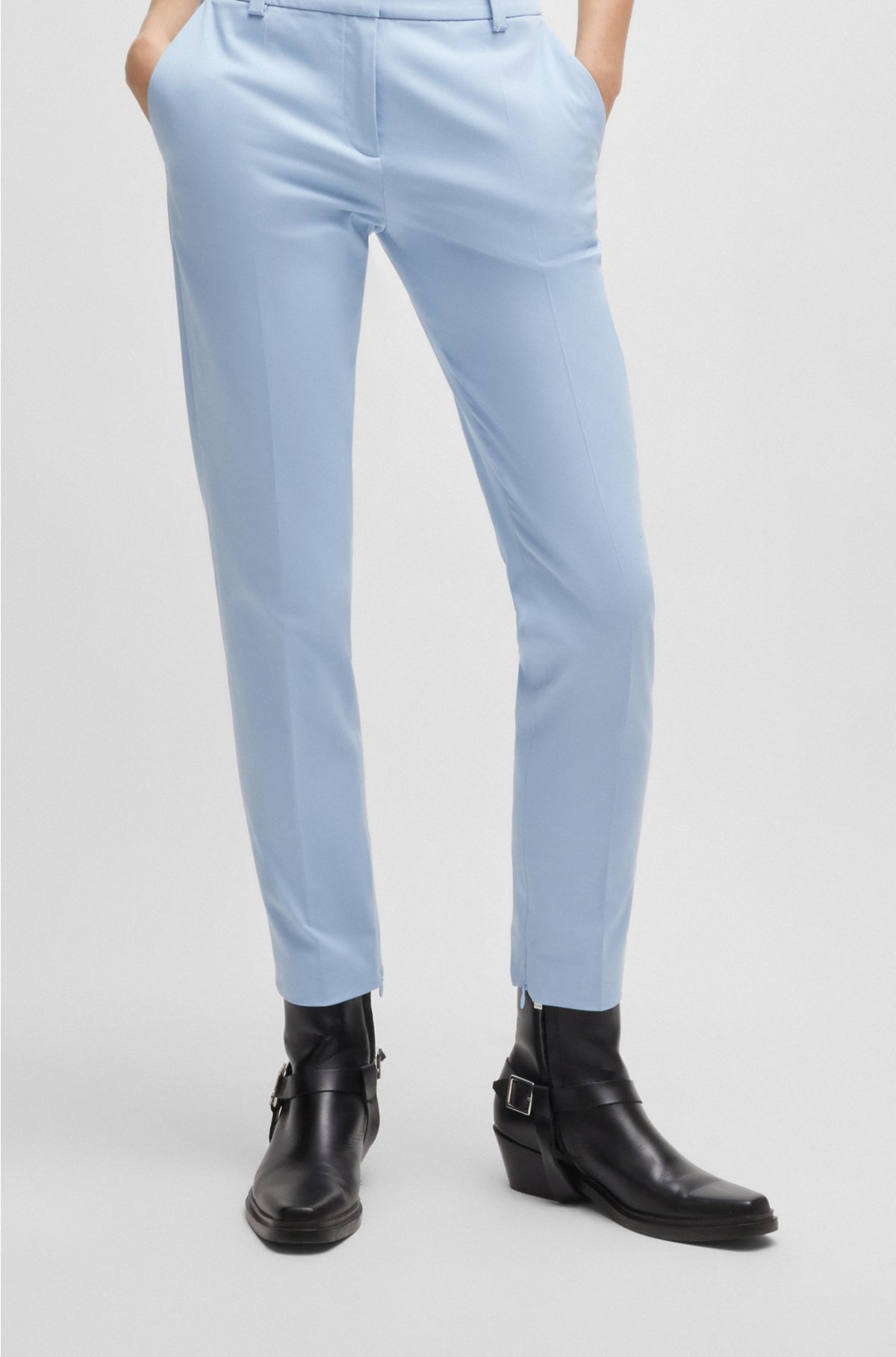 Slim-fit cropped trousers with zipped inner hems, Light Blue