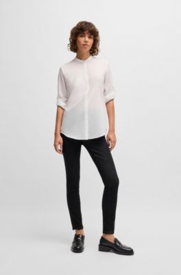 Regular-fit blouse in cotton-blend chambray, White