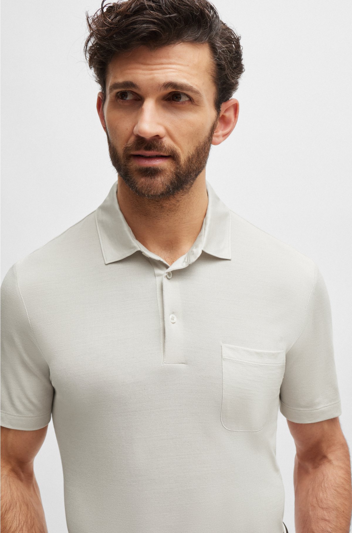Regular-fit polo shirt in silk and cotton, Natural