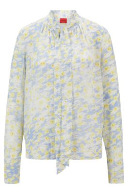 Blusa con stampa a fiori e collo con fiocco, Blu a motivi