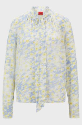 Floral-print top with tie neckline, Blue Patterned