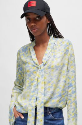 Blusa con stampa a fiori e collo con fiocco, Blu a motivi