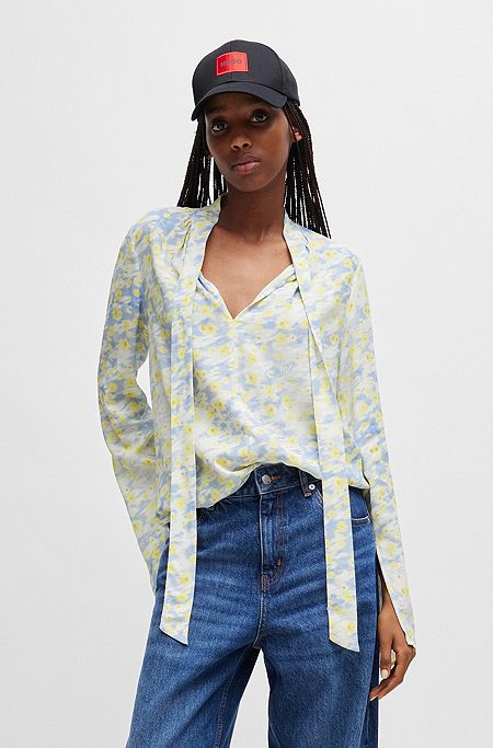 Floral-print top with tie neckline, Blue Patterned
