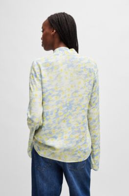 Blusa con stampa a fiori e collo con fiocco, Blu a motivi