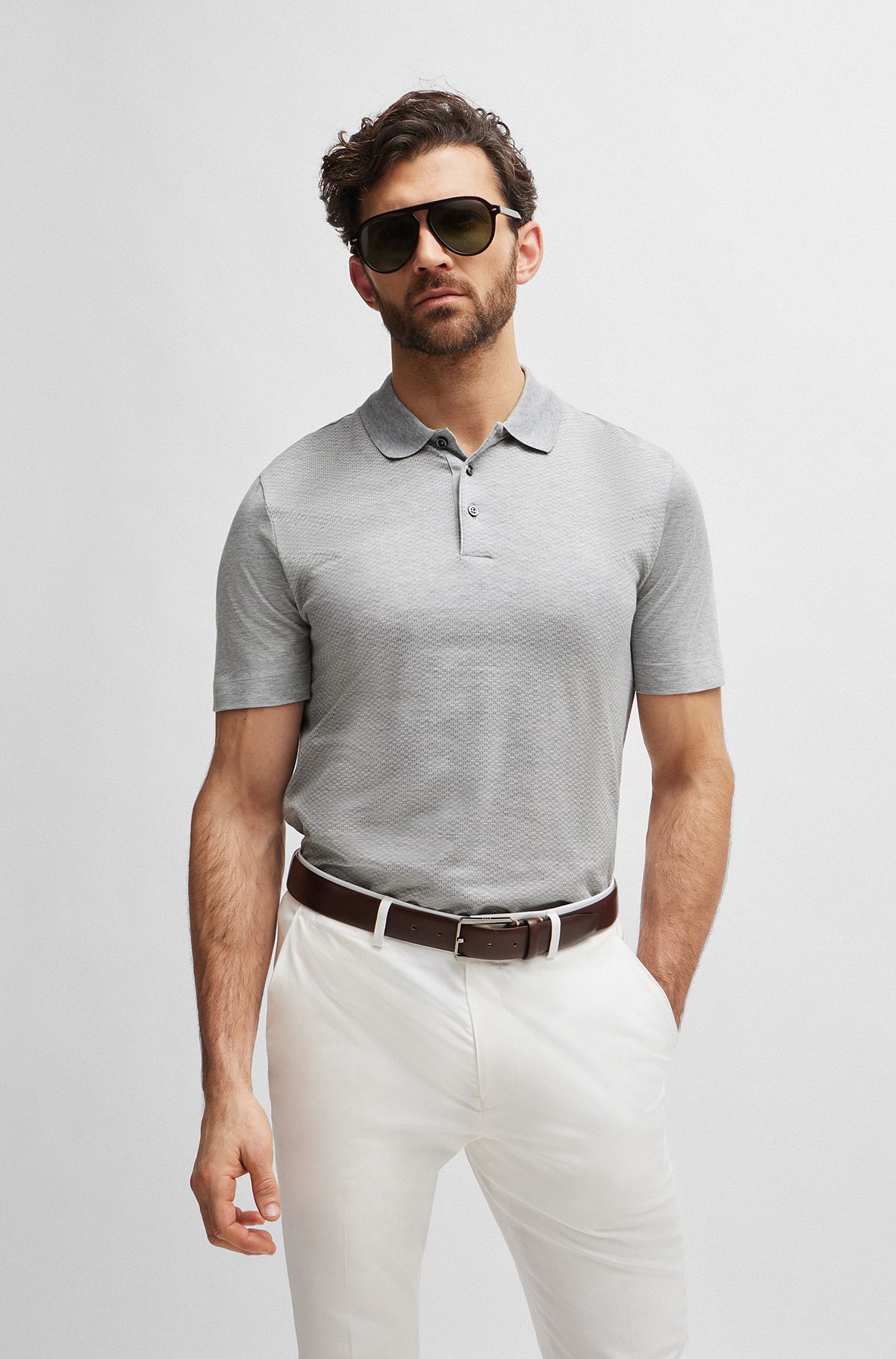 Regular-fit polo shirt in cotton and silk, Light Grey