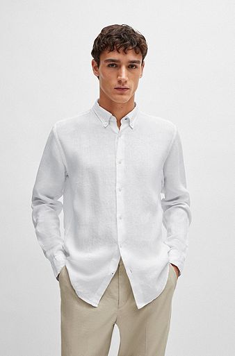 Chemise Regular Fit en lin avec col à pointes boutonnées, Blanc
