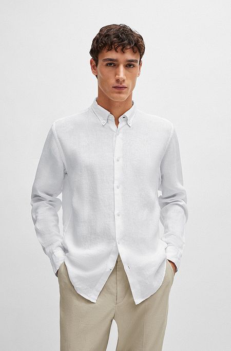 Chemise Regular Fit en lin avec col à pointes boutonnées, Blanc
