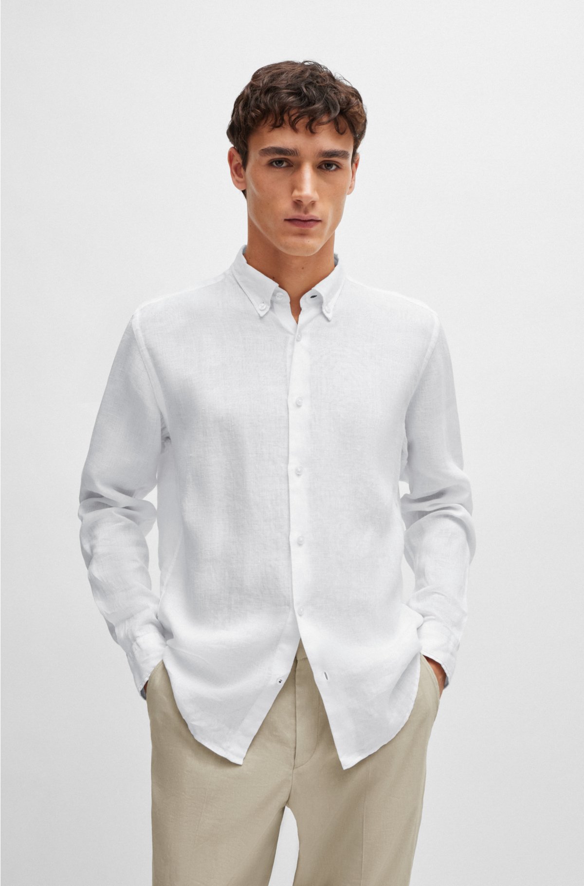 Regular-fit linen shirt with button-down collar, White
