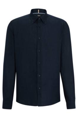 Hugo Boss Regular-fit Linen Shirt With Button-down Collar In Dark Blue