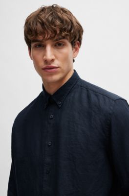 BOSS - Regular-fit linen shirt with button-down collar