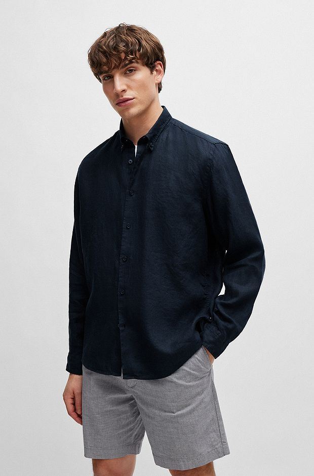Regular-fit linen shirt with button-down collar, Dark Blue