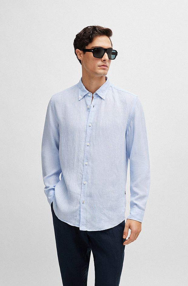 Chemise Regular Fit en lin avec col à pointes boutonnées, bleu clair