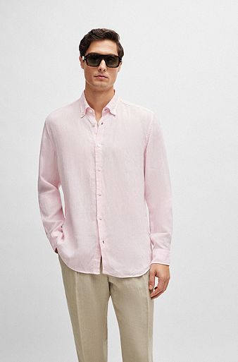 Сорочка стандартного кроя изо льна, с воротником на пуговицах, светло-розовый