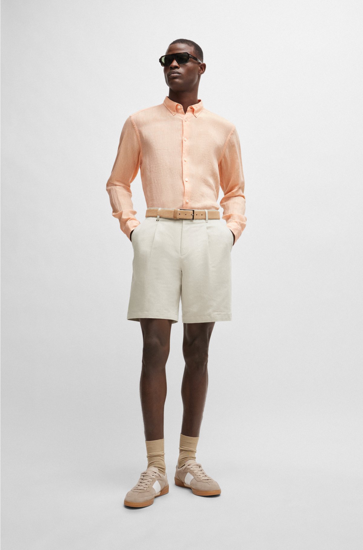 Regular-fit linen shirt with button-down collar, Light Orange