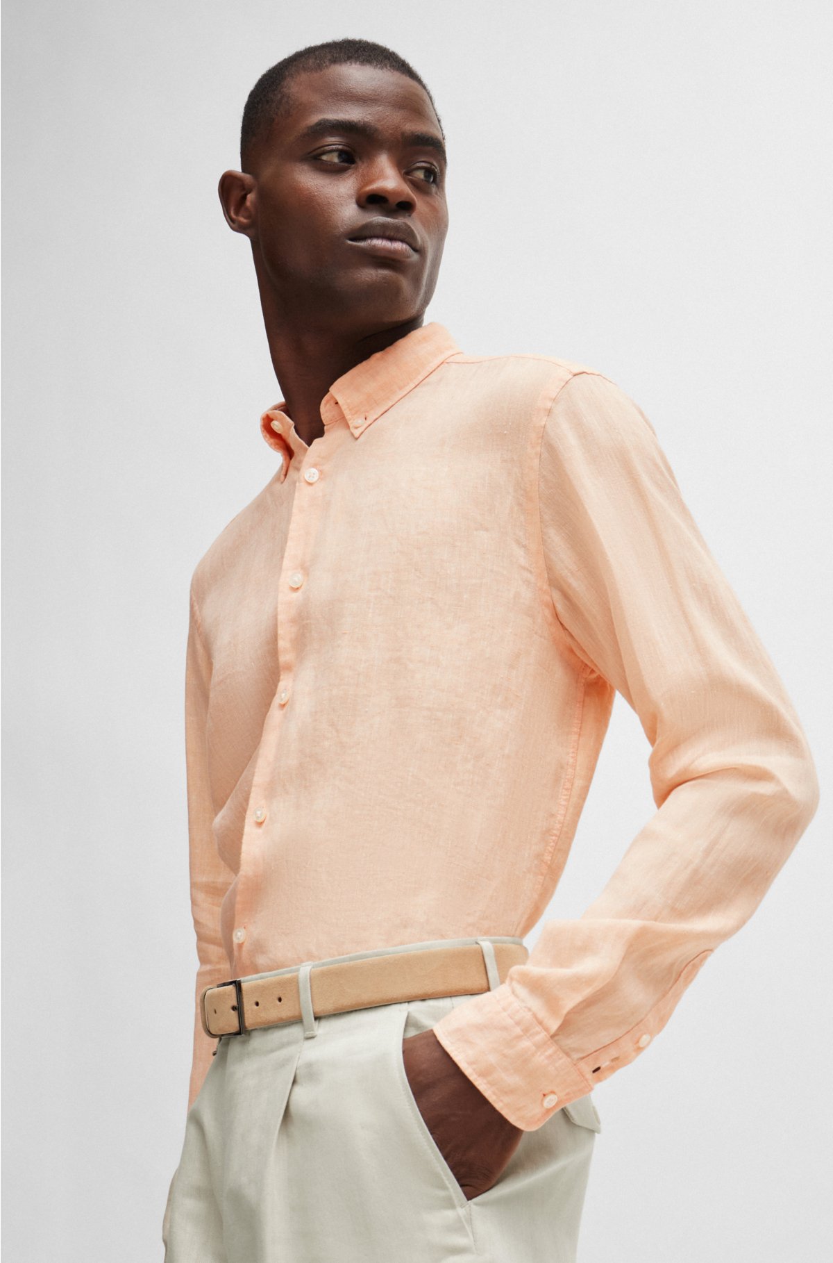 Regular-fit linen shirt with button-down collar, Light Orange