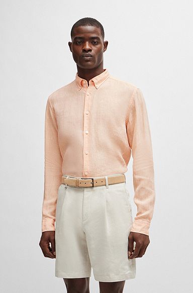 Chemise Regular Fit en lin avec col à pointes boutonnées, Orange clair