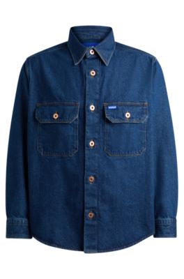 HUGO Oversized fit shirt in blue denim with logo details