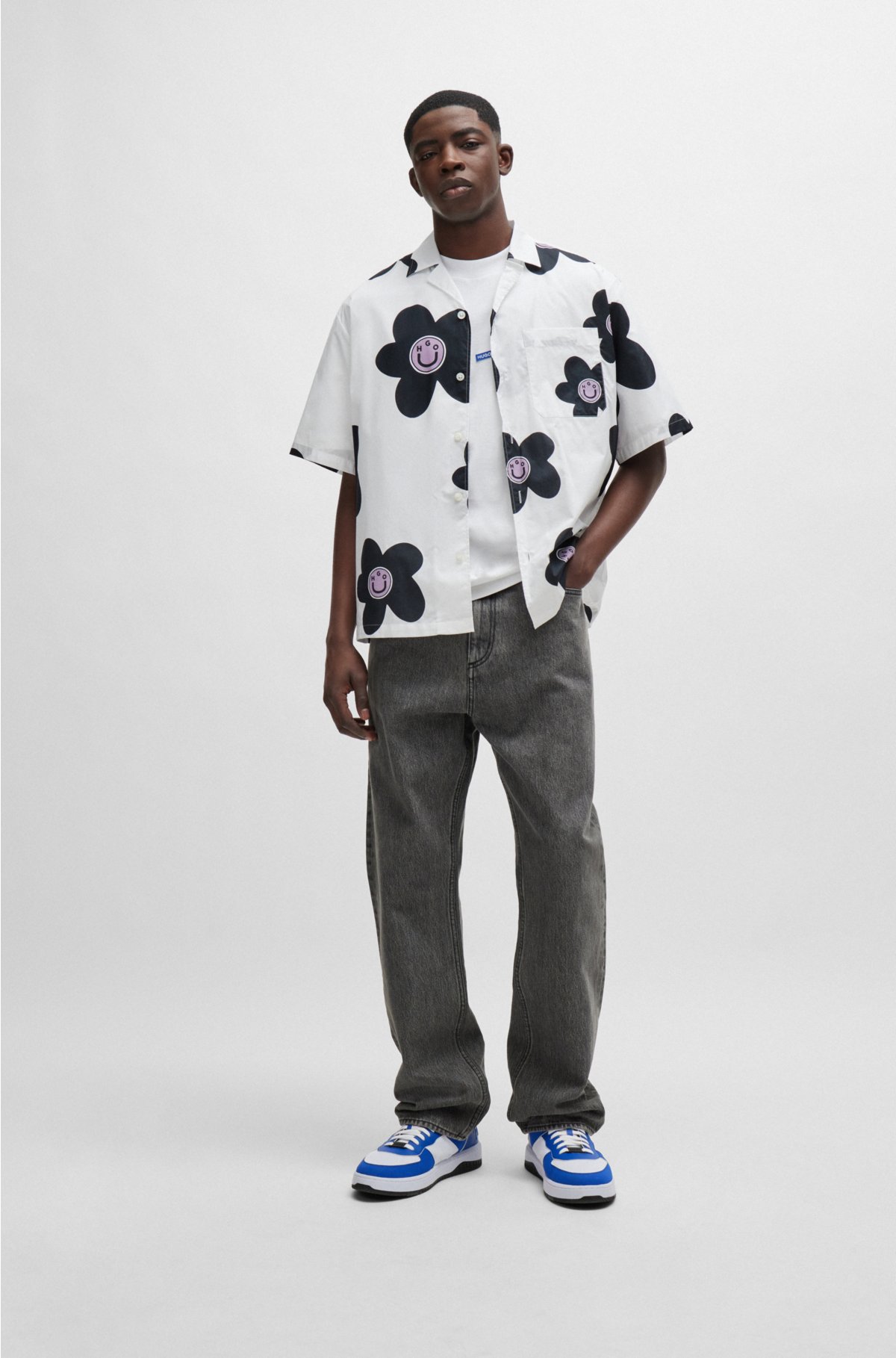 HUGO - Oversized-fit shirt in floral-print cotton poplin