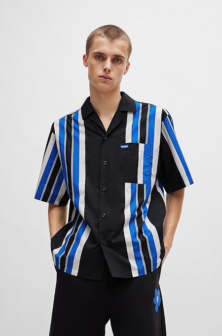 Oversized-fit shirt in printed cotton poplin, Blue