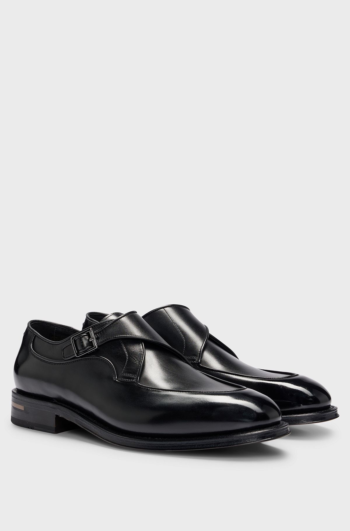 Single-monk shoes in burnished leather, Black