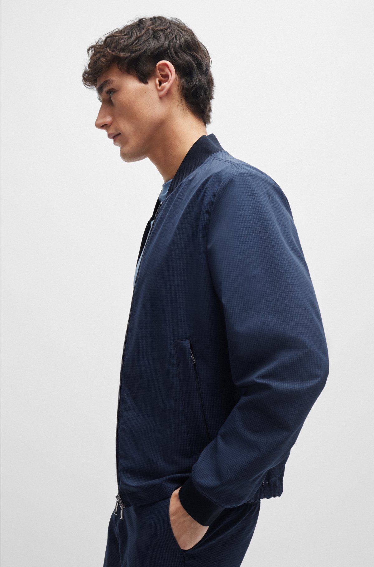Slim-fit jacket in wrinkle-resistant mesh, Dark Blue