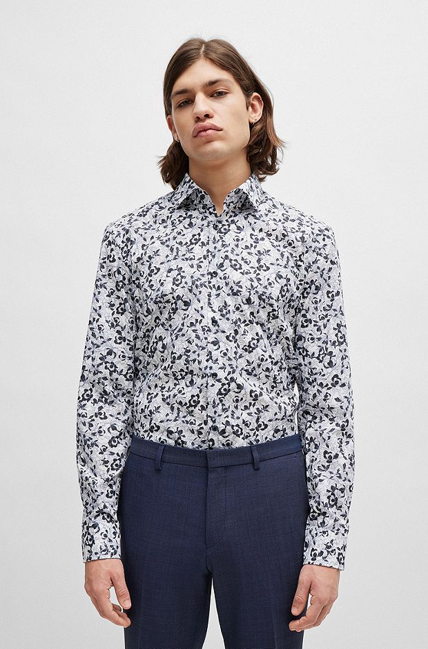 Slim-fit shirt in printed cotton poplin, Patterned
