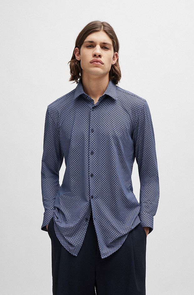 Slim-fit shirt in printed performance-stretch fabric, Dark Blue