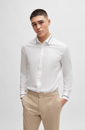 Slim-fit shirt with piped collar and cuffs, White