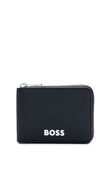 Faux-leather ziparound wallet with contrast logo, Black