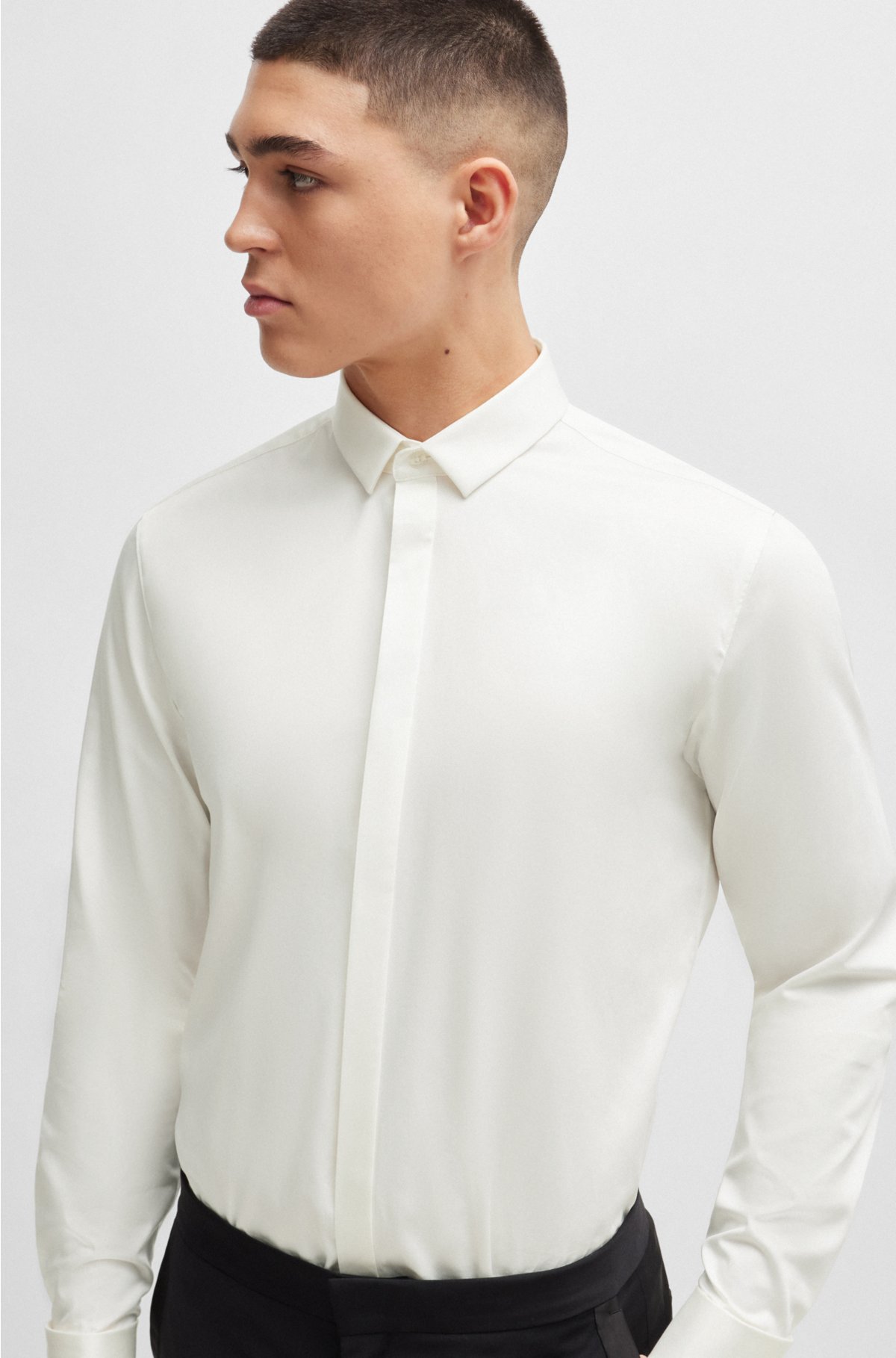 Extra-slim-fit dress shirt in stretch-cotton satin, Natural