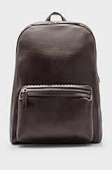 Leather backpack with embossed logo, Dark Brown