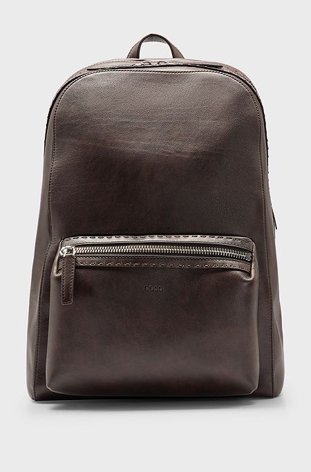 Leather backpack with embossed logo, Dark Brown