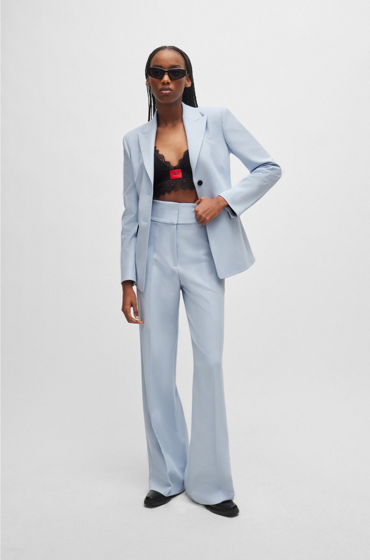 Regular-fit high-waisted trousers with flared leg, Light Blue