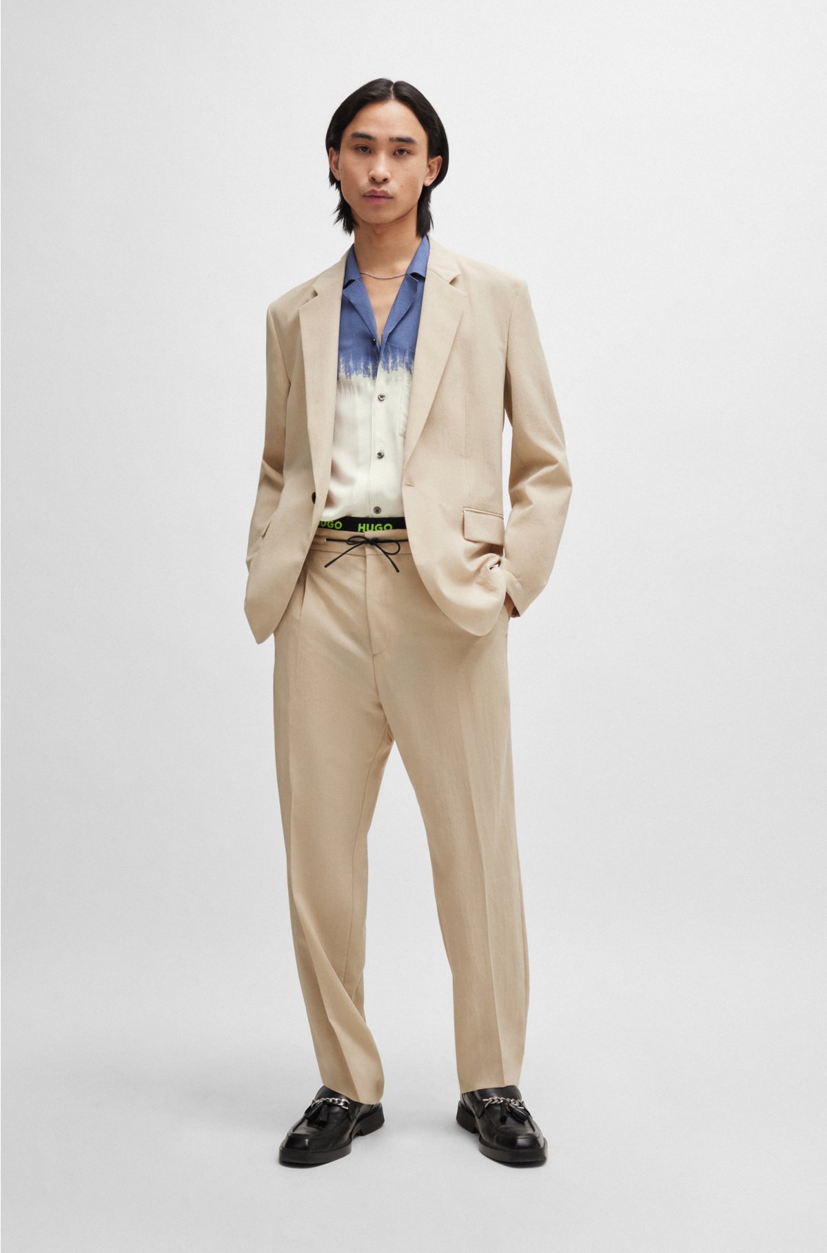 Modern-fit trousers in linen-look material, Beige