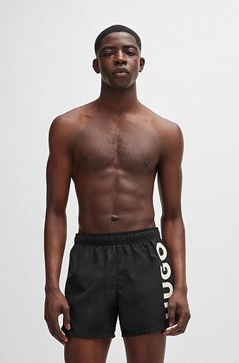 Quick-dry swim shorts with vertical logo print, Black