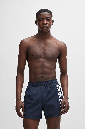 Quick-dry swim shorts with vertical logo print, Dark Blue
