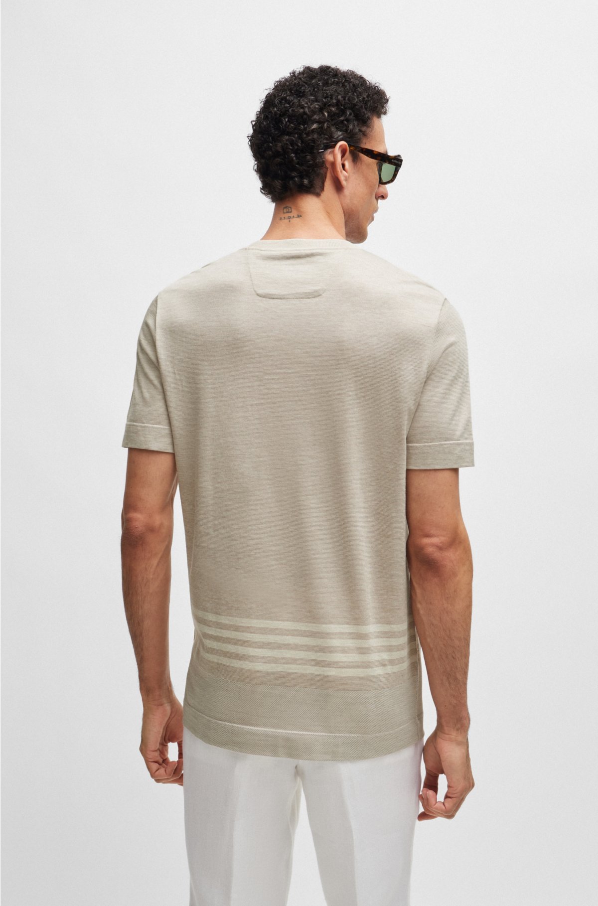Stripe-detail T-shirt in cotton and silk, Natural