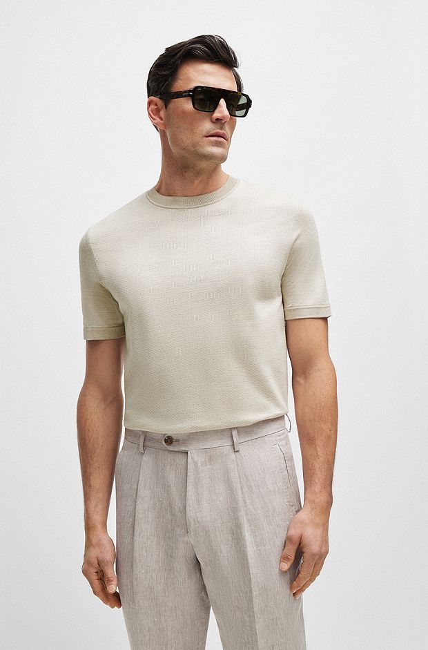 Camiseta regular fit de algodón y seda con estructuras mixtas, Natural