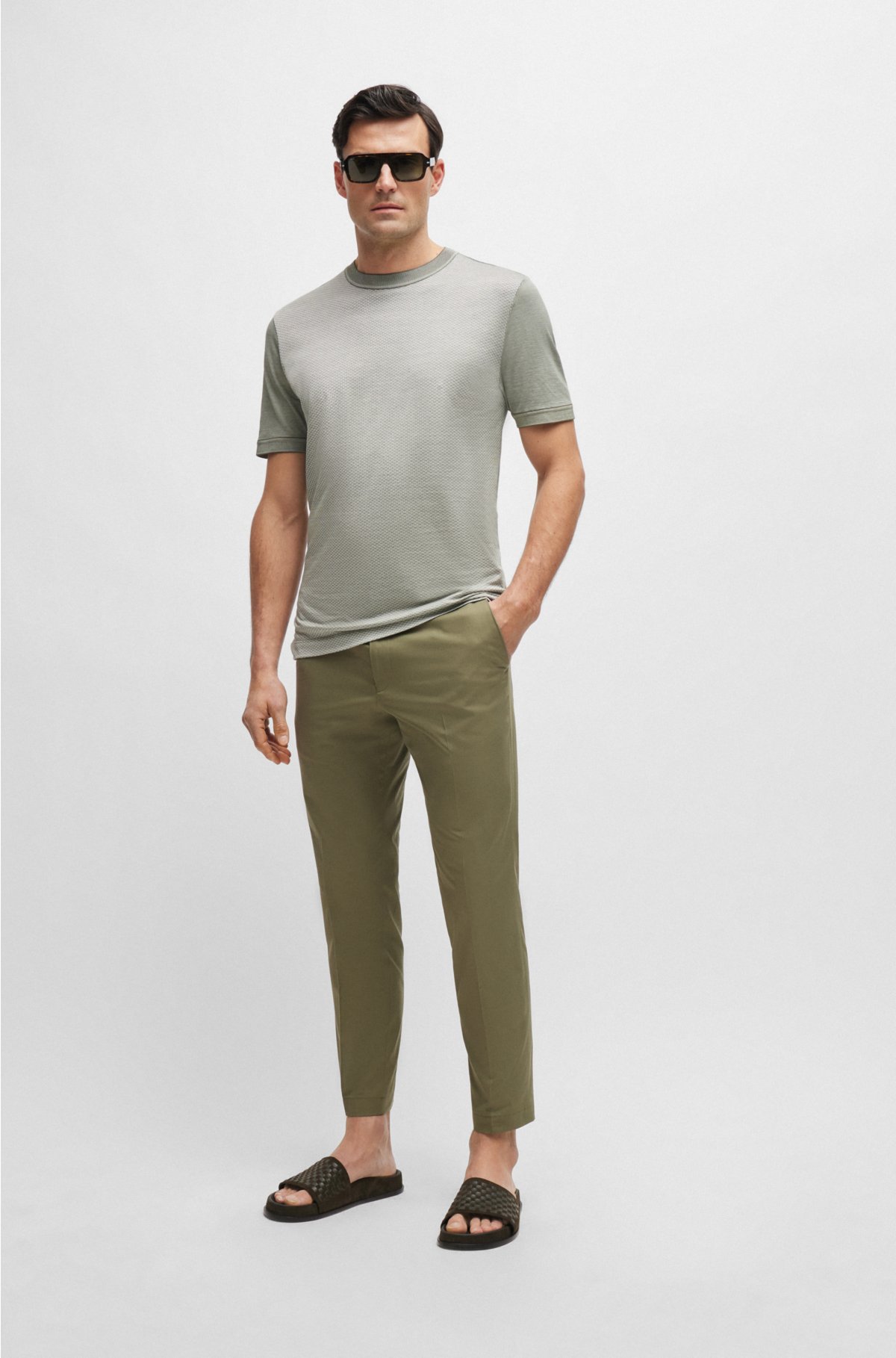 Cotton-silk regular-fit T-shirt with mixed structures, Light Green