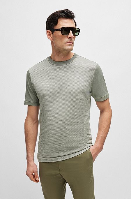 Cotton-silk regular-fit T-shirt with mixed structures, Light Green