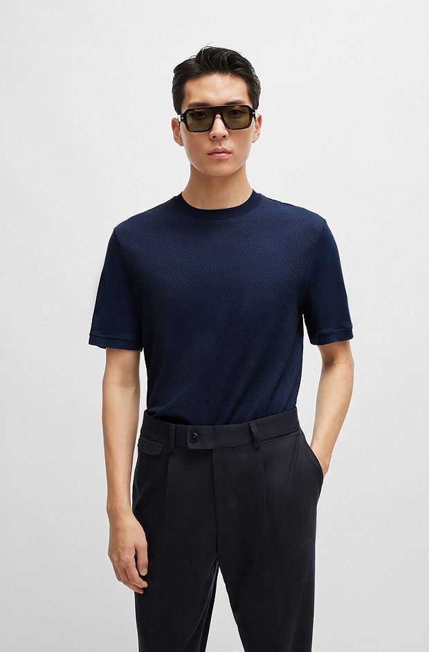 Cotton-silk regular-fit T-shirt with mixed structures, Dark Blue