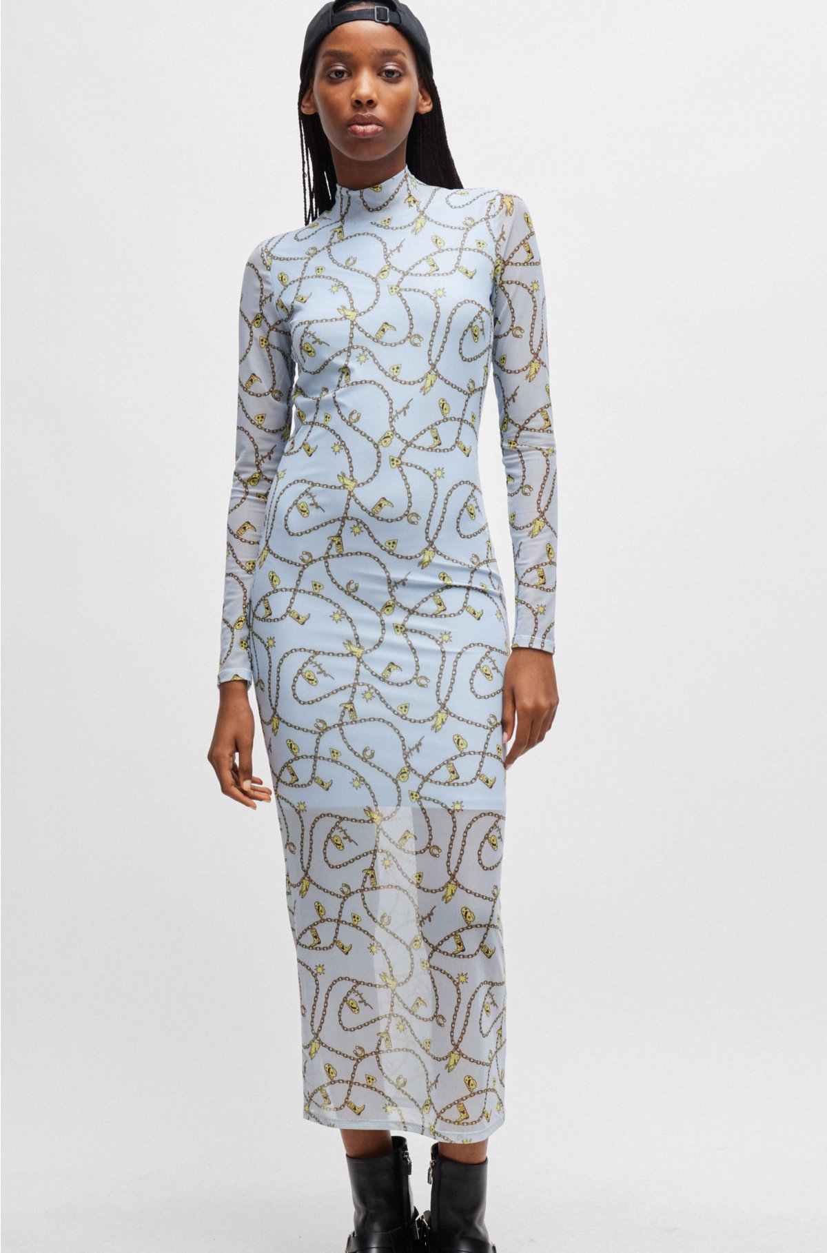 Stretch-mesh dress with seasonal chain print, Light Blue